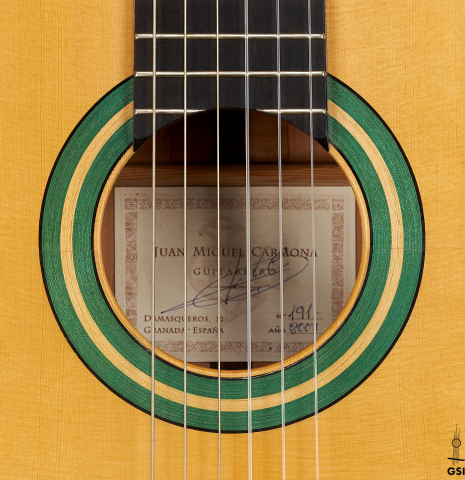 This is the rosette of a 2007 Juan Miguel Carmona flamenco guitar made with spruce and cypress