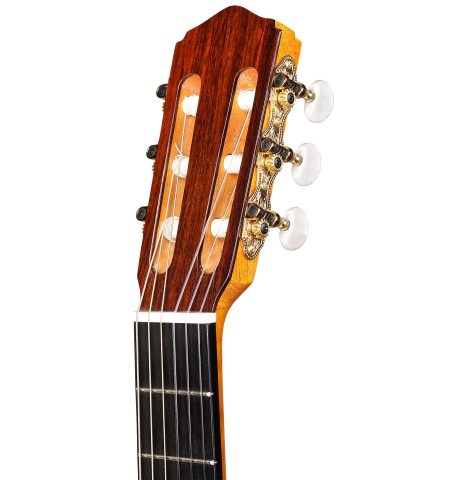 The headstock of a 2018 Felipe Conde "FP 14" (cutaway electric) flamenco guitar made of spruce and cypress