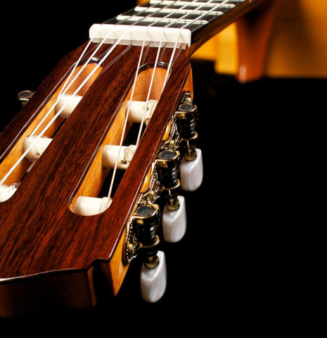 View from the headstock of a 2018 Felipe Conde "FP 14" (cutaway electric) flamenco guitar made of spruce and cypress