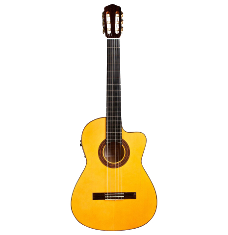The front of a 2018 Felipe Conde "FP 14" (cutaway electric) flamenco guitar made of spruce and cypress