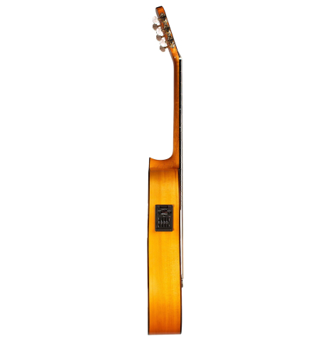 The side of a 2018 Felipe Conde "FP 14" (cutaway electric) flamenco guitar made of spruce and cypress