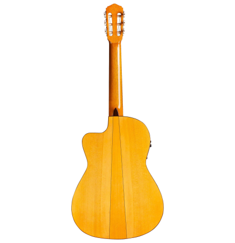 The back of a 2018 Felipe Conde "FP 14" (cutaway electric) flamenco guitar made of spruce and cypress