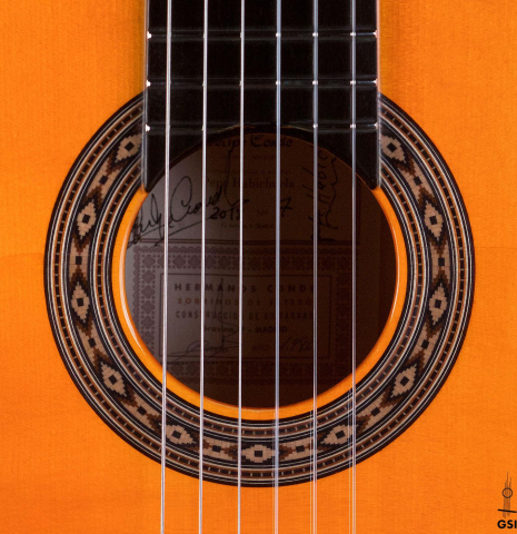 The rosette of a 2018 Felipe Conde &quot;Pepe Habichuela&quot; flamenco guitar made of spruce and cypress