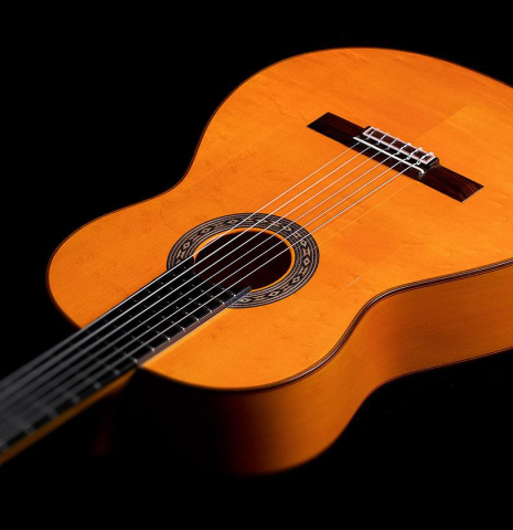 The front of a 2018 Felipe Conde &quot;Pepe Habichuela&quot; flamenco guitar made of spruce and cypress