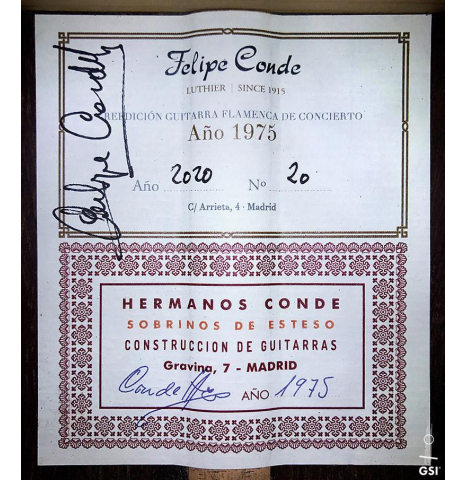 The label of a 2020 Felipe Conde "Reedicion 1975" made of spruce and African rosewood.