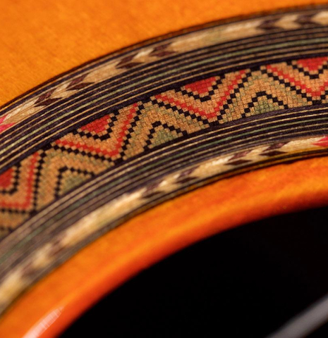 Closeup of the rosette of a 2020 Felipe Conde "Reedicion 1975" made of spruce and African rosewood.