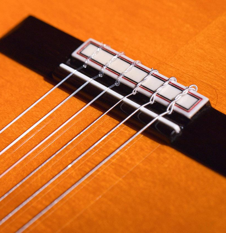 The bridge, saddle and tie-block of a 2020 Felipe Conde "Reedicion 1975" made of spruce and African rosewood.