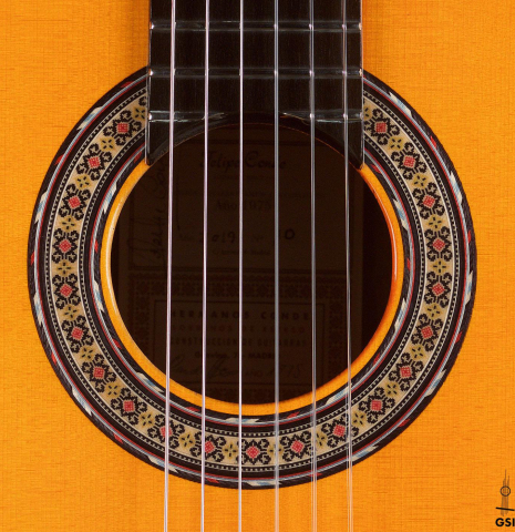 The rosette of a 2019 Felipe Conde &quot;Reedicion 1975&quot; flamenco guitar made with spruce top and pau ferro back and sides 