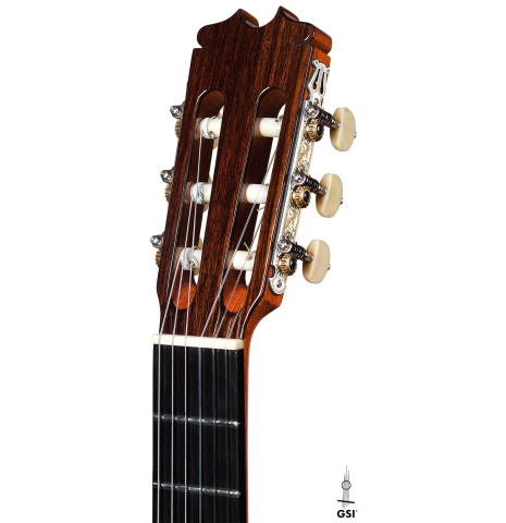 The headstock of a 2019 Felipe Conde &quot;Reedicion 1975&quot; flamenco guitar made with spruce top and pau ferro back and sides 