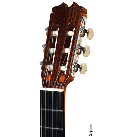 The headstock of a 2019 Felipe Conde "Reedicion 1975" flamenco guitar made with spruce top and pau ferro back and sides 