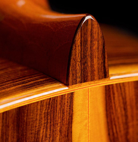 The heel and back of a 2019 Felipe Conde &quot;Reedicion 1975&quot; flamenco guitar made with spruce top and pau ferro back and sides 