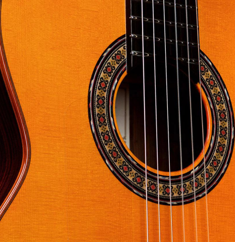 The soundboard of a 2019 Felipe Conde "Reedicion 1975" flamenco guitar made with spruce top and pau ferro back and sides 