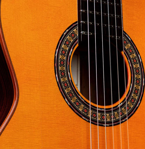 The soundboard of a 2019 Felipe Conde &quot;Reedicion 1975&quot; flamenco guitar made with spruce top and pau ferro back and sides 
