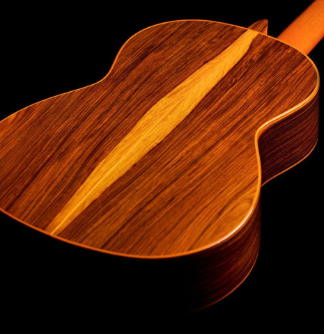 The back and sides of a 2019 Felipe Conde "Reedicion 1975" flamenco guitar made with spruce top and pau ferro back and sides 