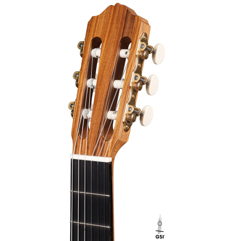 The headstock of a 2019 Felipe Conde "FP 16" flamenco guitar made of spruce and cypress