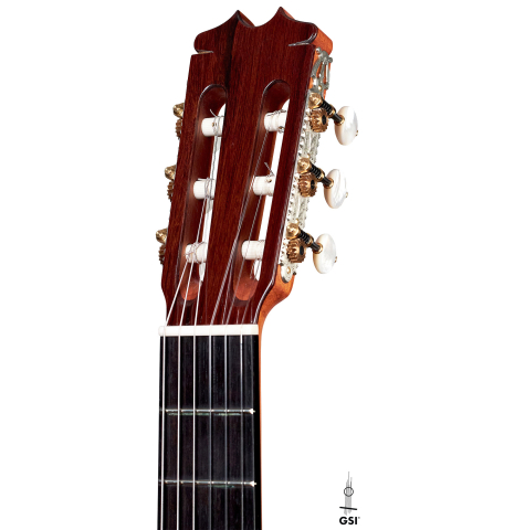 The headstock of a 2021 Felipe Conde &quot;Reedicion 1974&quot; made of redwood and CSA rosewood.