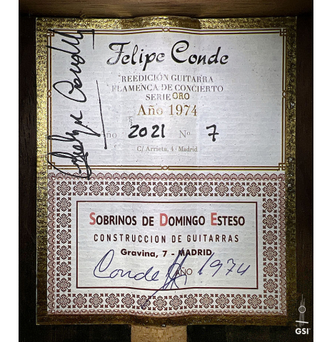 The label of a 2021 Felipe Conde &quot;Reedicion 1974&quot; made of redwood and CSA rosewood.