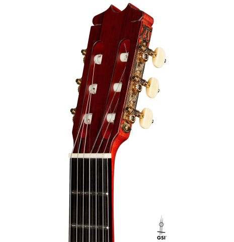 The headstock of a 2024 Felipe Conde "A 26 Especial" flamenco guitar made of spruce and cypress