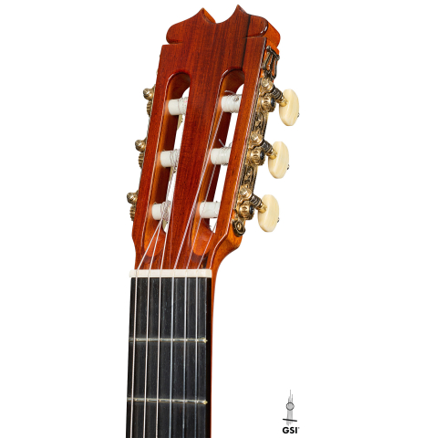 The headstock of a 2016 Felipe Conde "FC 26" flamenco guitar made of spruce and cypress