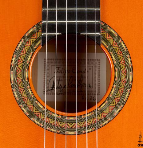 The rosette of a 2016 Felipe Conde "FC 26" flamenco guitar made of spruce and cypress