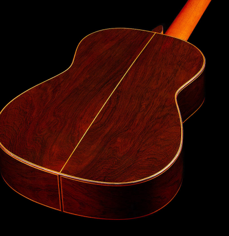 The back and sides of a 2024 Felipe Conde "FC 28 Especial" flamenco negra guitar made of spruce and CSA rosewood