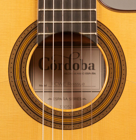 The rosette of a Cordoba &quot;FCWE Reissue&quot; made of spruce and cypress