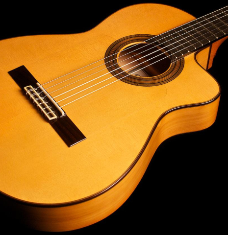 The side of a Cordoba &quot;FCWE Reissue&quot; made of spruce and cypress
