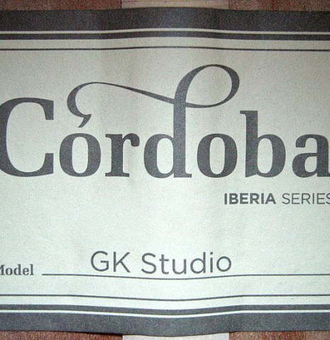 The label of a Cordoba "GK Studio" flamenco guitar made of spruce and cypress