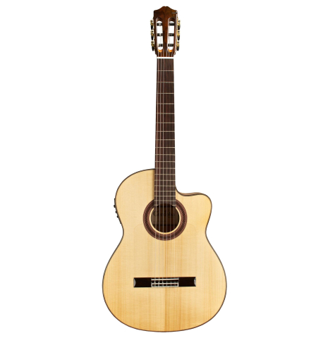 The front of a Cordoba &quot;GK Studio&quot; flamenco guitar made of spruce and cypress