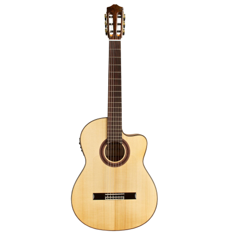 The front of a Cordoba "GK Studio" flamenco guitar made of spruce and cypress