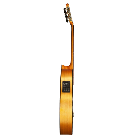 The side of a Cordoba "GK Studio" flamenco guitar made of spruce and cypress