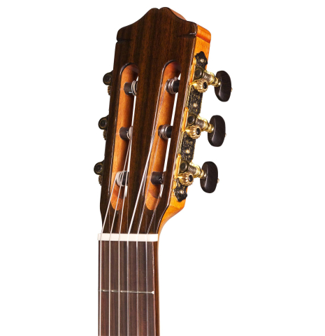 The headstock of a Cordoba &quot;GK Studio Negra&quot; electric/acoustic guitar made of spruce and Indian rosewood