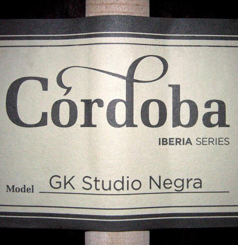 The label of a Cordoba &quot;GK Studio Negra&quot; electric/acoustic guitar made of spruce and Indian rosewood