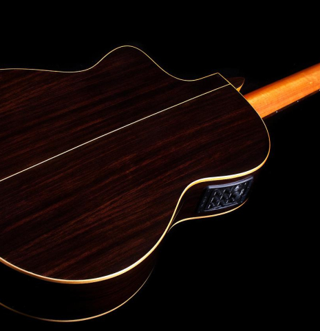 The back of a Cordoba &quot;GK Studio Negra&quot; electric/acoustic guitar made of spruce and Indian rosewood