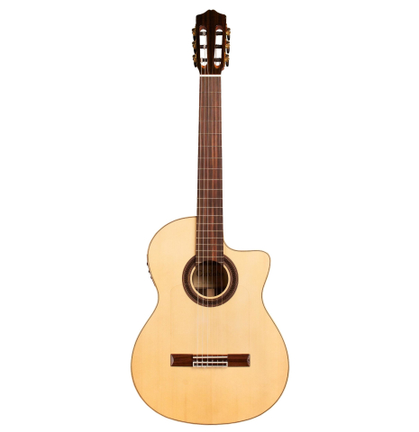 The front of a Cordoba &quot;GK Studio Negra&quot; electric/acoustic guitar made of spruce and Indian rosewood
