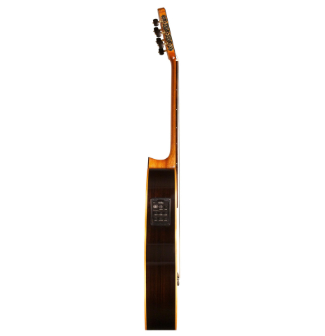 The side of a Cordoba &quot;GK Studio Negra&quot; electric/acoustic guitar made of spruce and Indian rosewood