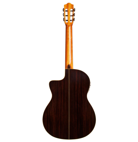 The back of a Cordoba &quot;GK Studio Negra&quot; electric/acoustic guitar made of spruce and Indian rosewood