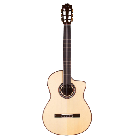 The front of Cordoba "GK Pro Negra" classical guitar made with spruce and Indian rosewood, cutaway and electronics