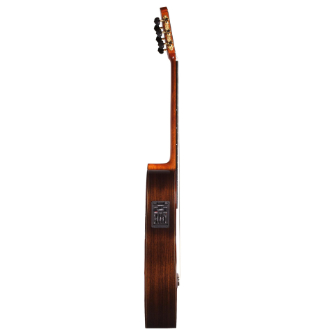 The side of Cordoba "GK Pro Negra" classical guitar made with spruce and Indian rosewood, cutaway and electronics
