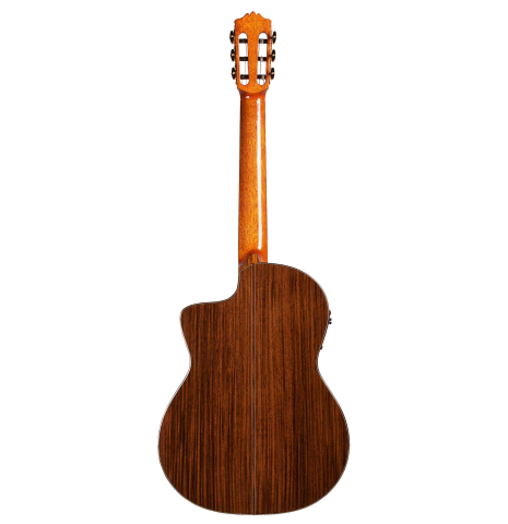 The back of Cordoba "GK Pro Negra" classical guitar made with spruce and Indian rosewood, cutaway and electronics