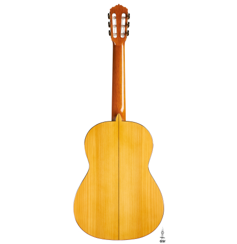 The back of a 2018 Luis Fernandez de Cordoba "Blanca" flamenco guitar made of spruce and cypress