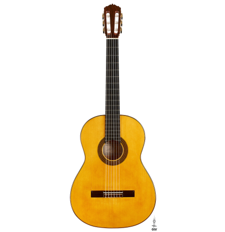 The front of a 2018 Luis Fernandez de Cordoba "Blanca" flamenco guitar made of spruce and cypress