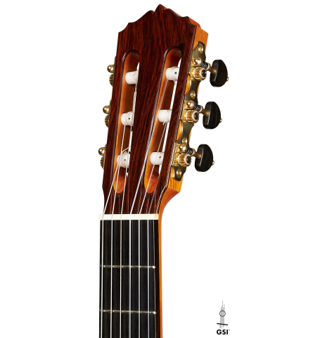 The headstock of a 2018 Luis Fernandez de Cordoba "Blanca" flamenco guitar made of spruce and cypress