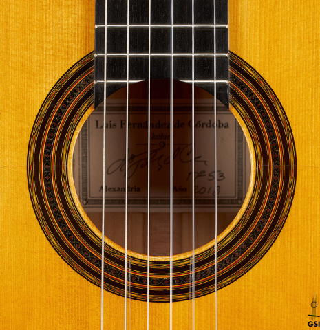 The rosette of a 2018 Luis Fernandez de Cordoba "Blanca" flamenco guitar made of spruce and cypress