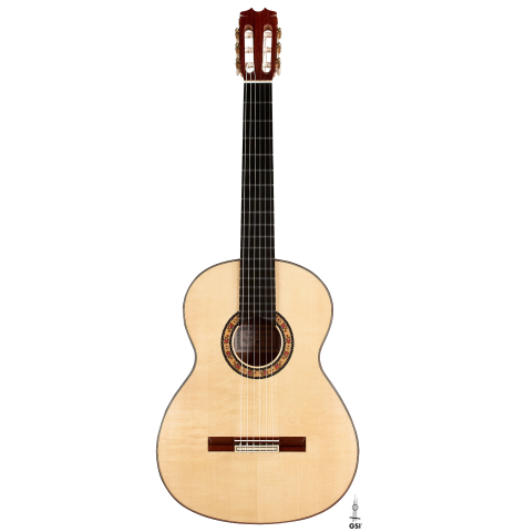 The front of a 2023 Felipe Conde Crespo "Negra" flamenco guitar made of spruce and koa