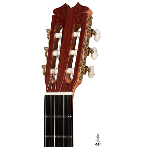 The headstock of a 2023 Felipe Conde Crespo "Negra" flamenco guitar made of spruce and koa