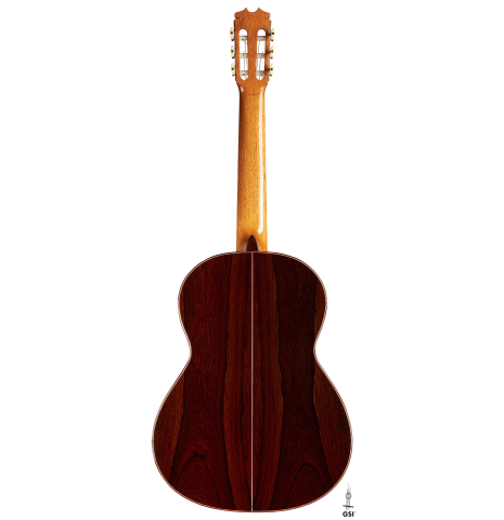 The back of a 2023 Felipe Conde Crespo "Negra" flamenco guitar made of spruce and African rosewood