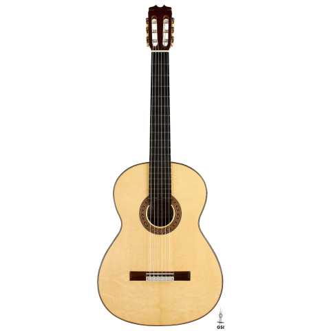 The front of a 2023 Felipe Conde Crespo "Negra" flamenco guitar made of spruce and African rosewood