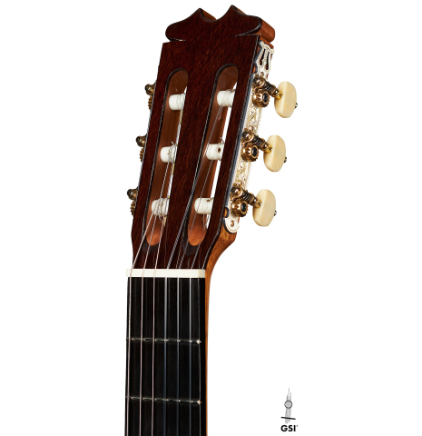 The headstock of a 2023 Felipe Conde Crespo "Negra" flamenco guitar made of spruce and African rosewood