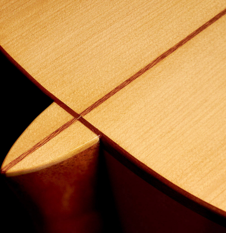 The heel of a 2015 Andy Culpepper flamenco guitar made with cedar and cypress wood.